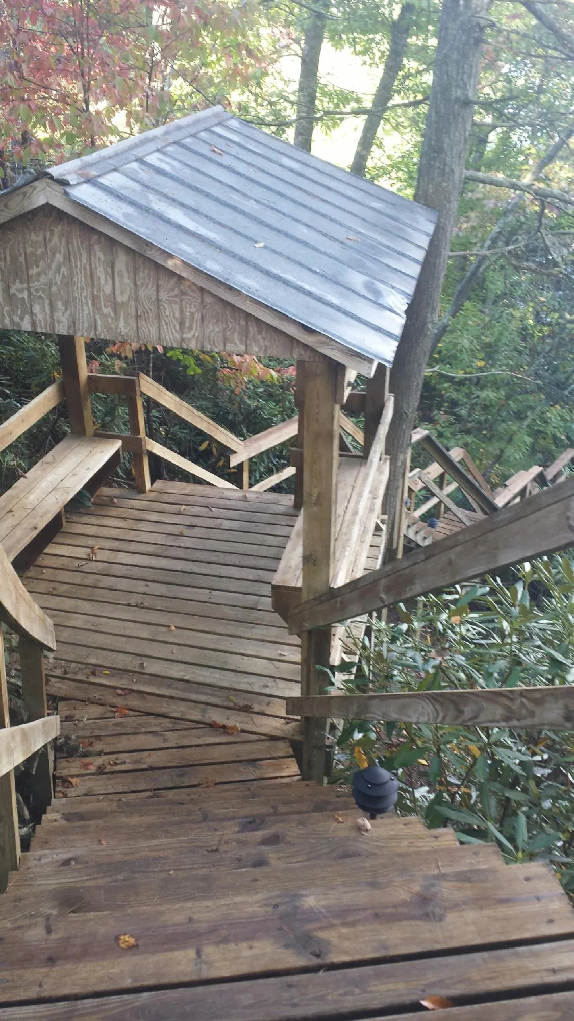 Metal roofed shelter over wooden steps on a wooded walkway — Skylight Repair & Installation work by our crew in Signal Hill